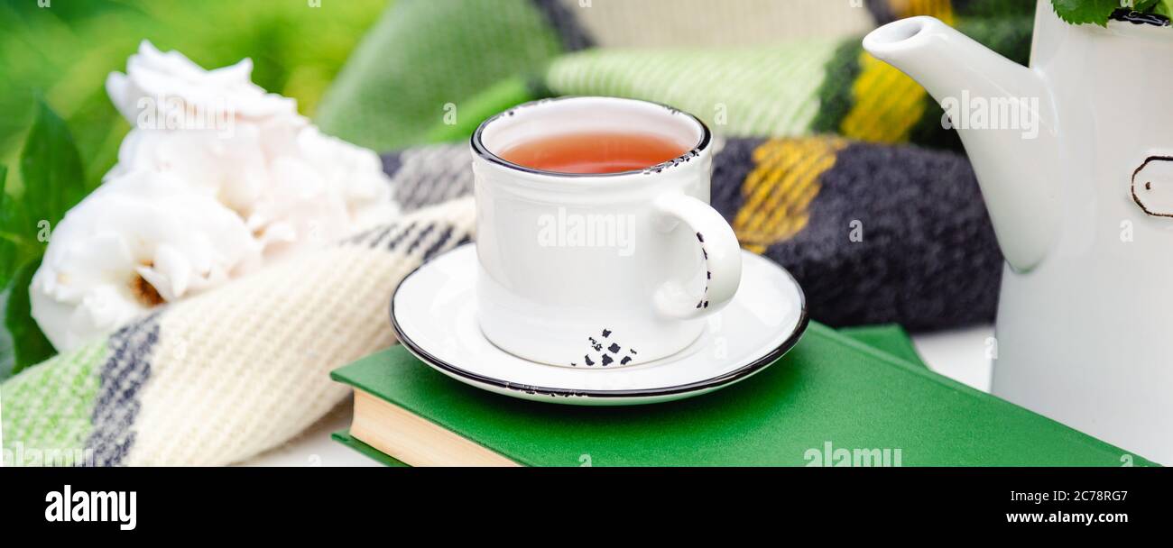 White cup of tea on books with green warm plaid, spring flowers on white table outdoor. Hot drink at breakfast in garden. Long web banner with copy Stock Photo