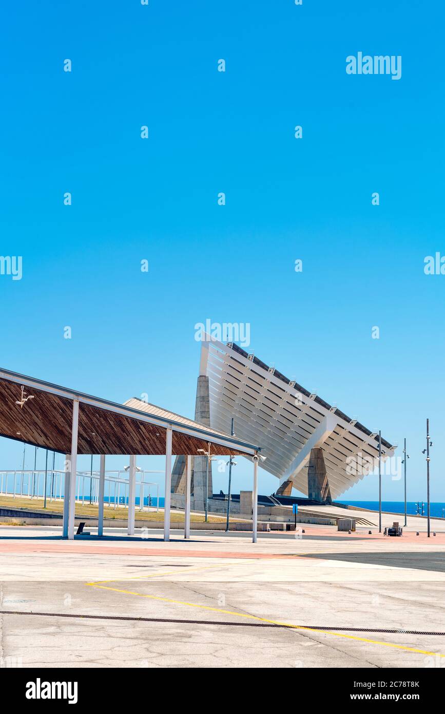 a view over the Parc del Forum public park in Barcelona, Spain, highlighting the giant sculptural photovoltaic panel Stock Photo