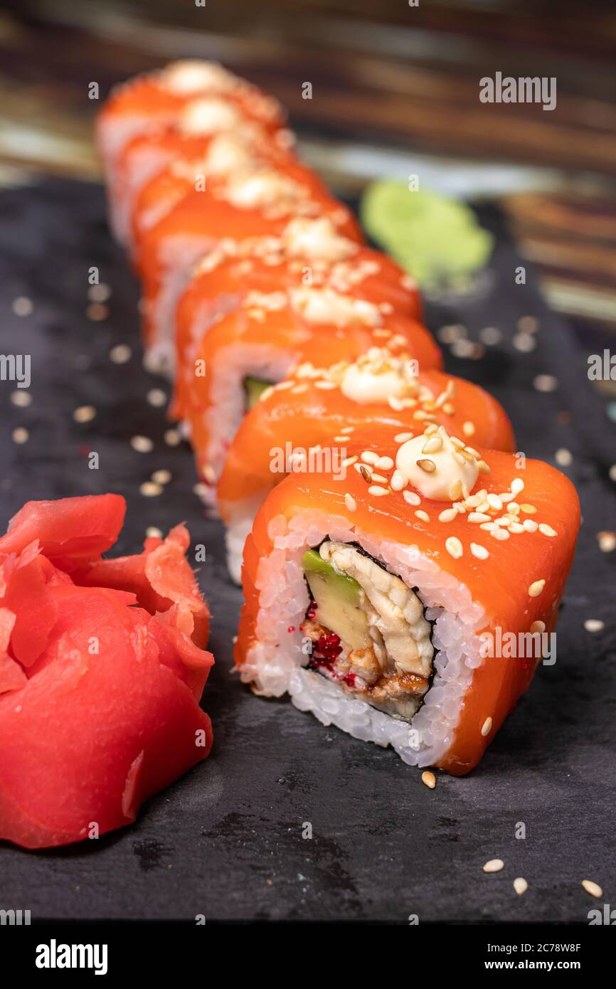Sushi, chicken rolls. Japanese national cuisine, Mediterranean food