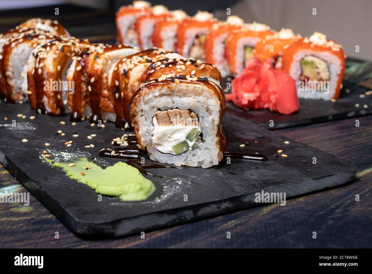 Sushi and rolls. Japanese food, seafood and raw fish with wasabi sauce Stock Photo