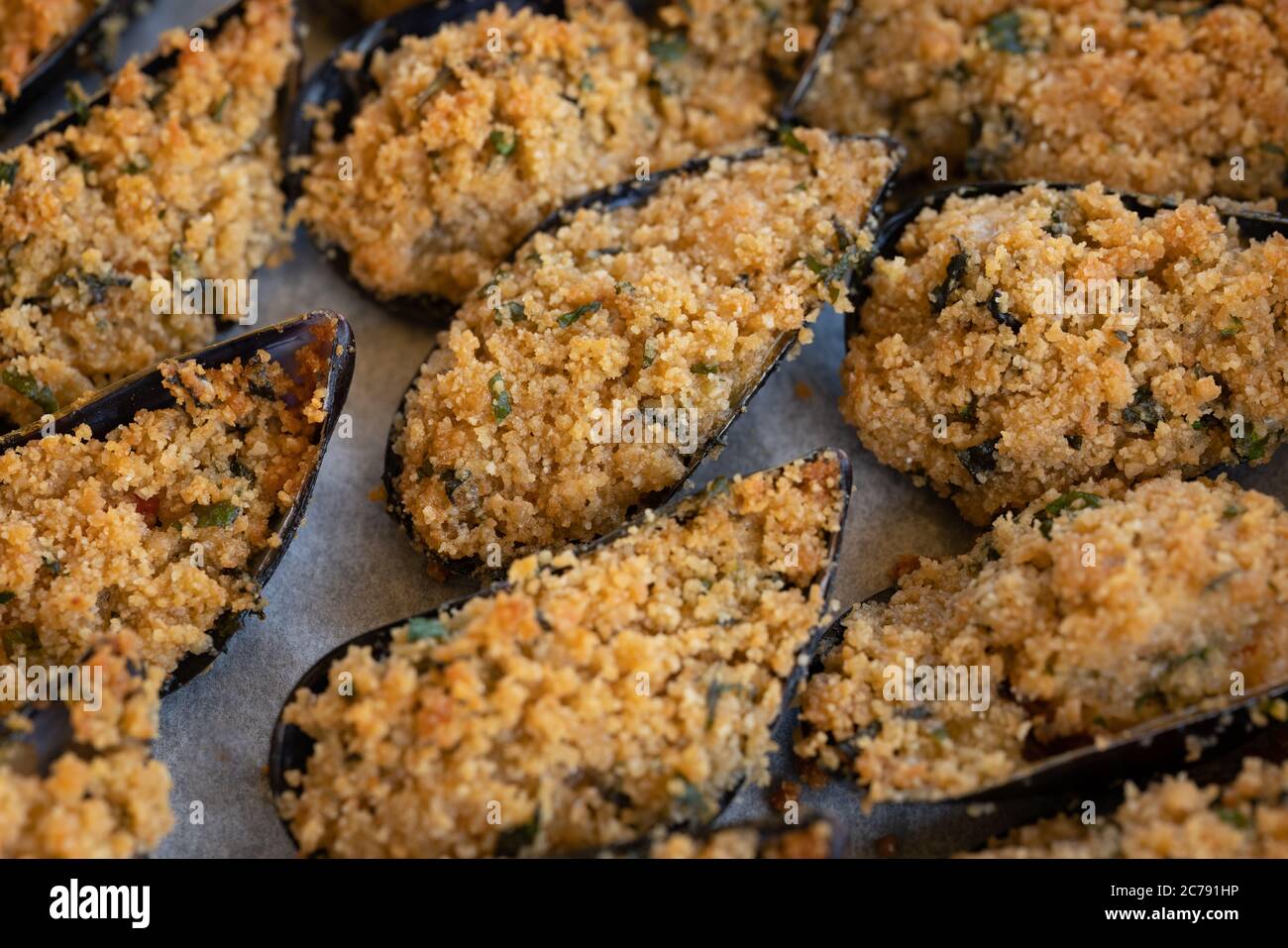 Mussels au Gratin Baked isolated on white background Stock Photo Alamy