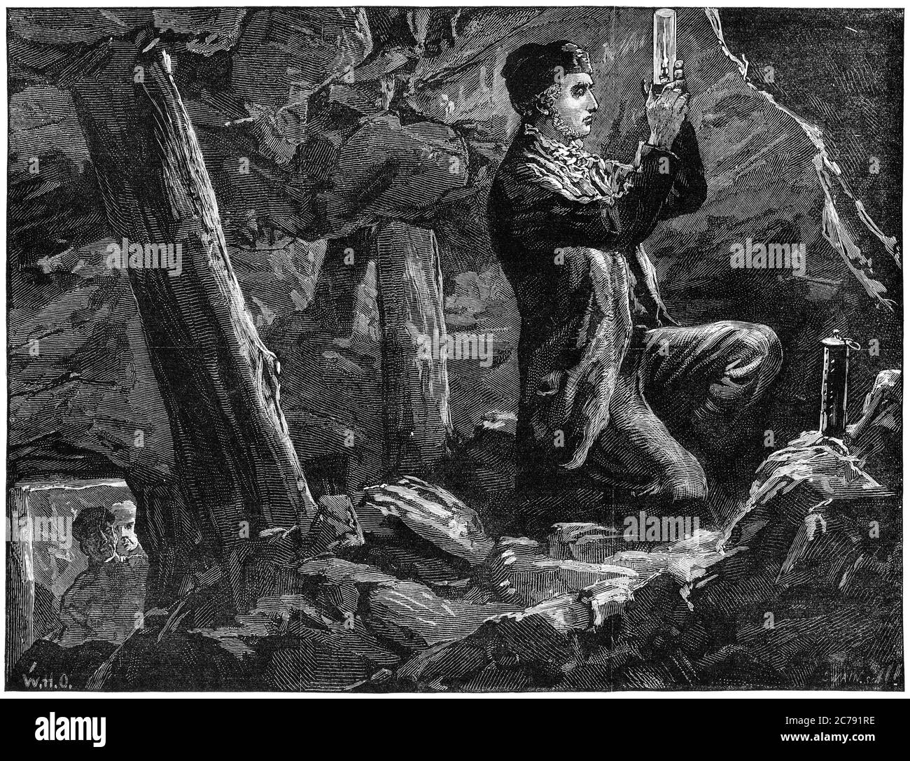 George Stephenson experimenting with the safety lamp in a mine, from Illustrated London News 1881 Stock Photo