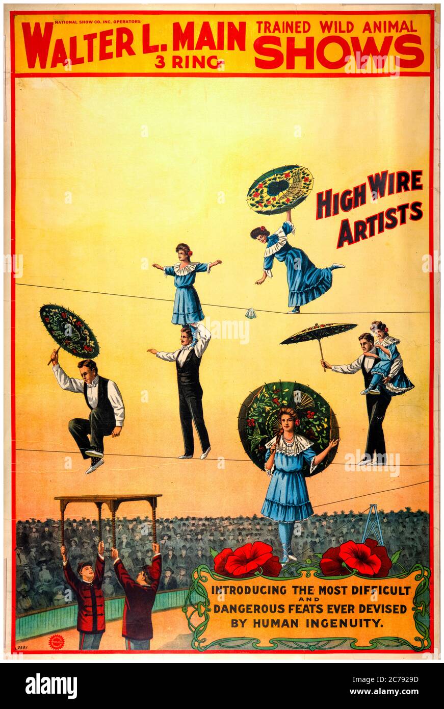 Walter L Main 3 ring trained wild animal shows circus poster with high wire performers, 1890-1904 Stock Photo