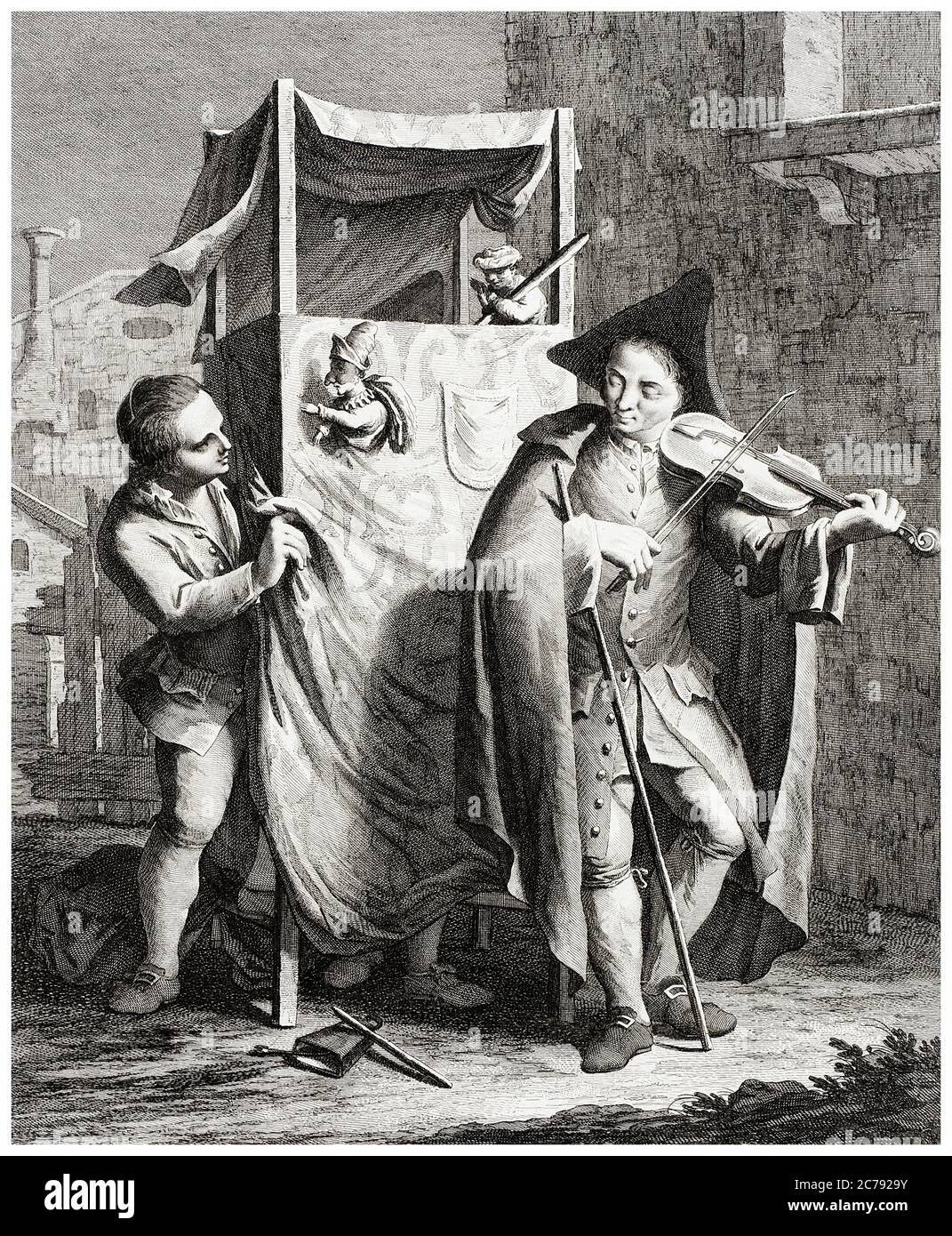 18th Century Italian Punch and Judy show, engraving by Giovanni Volpato, circa 1764 Stock Photo