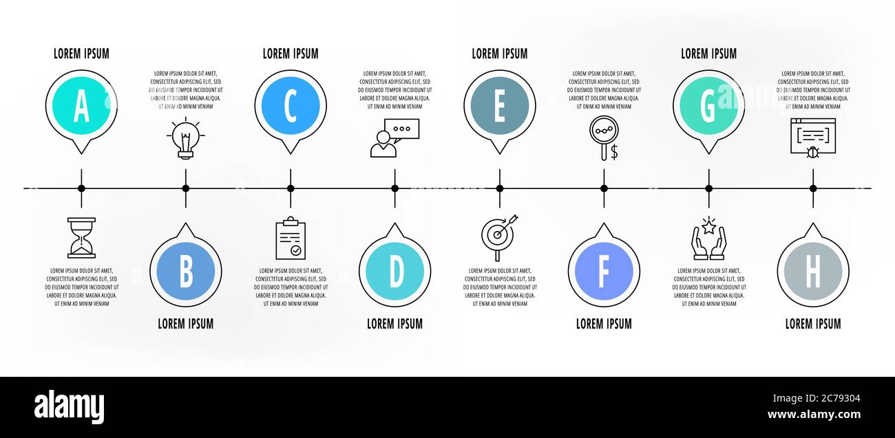 Infographics circles with 8 steps, icons. Flat line vector template ...