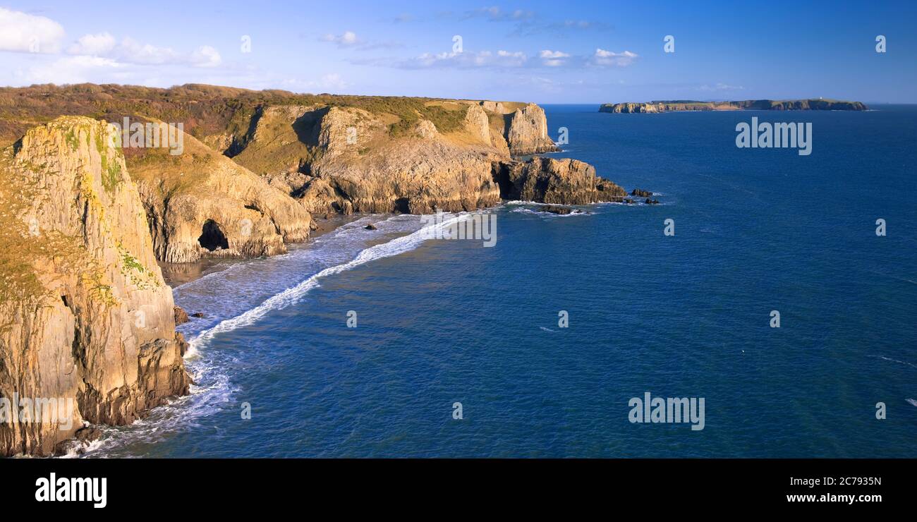 Lydstep nr Tenby Pembrokeshire Wales with Caldey Island in the background Stock Photo