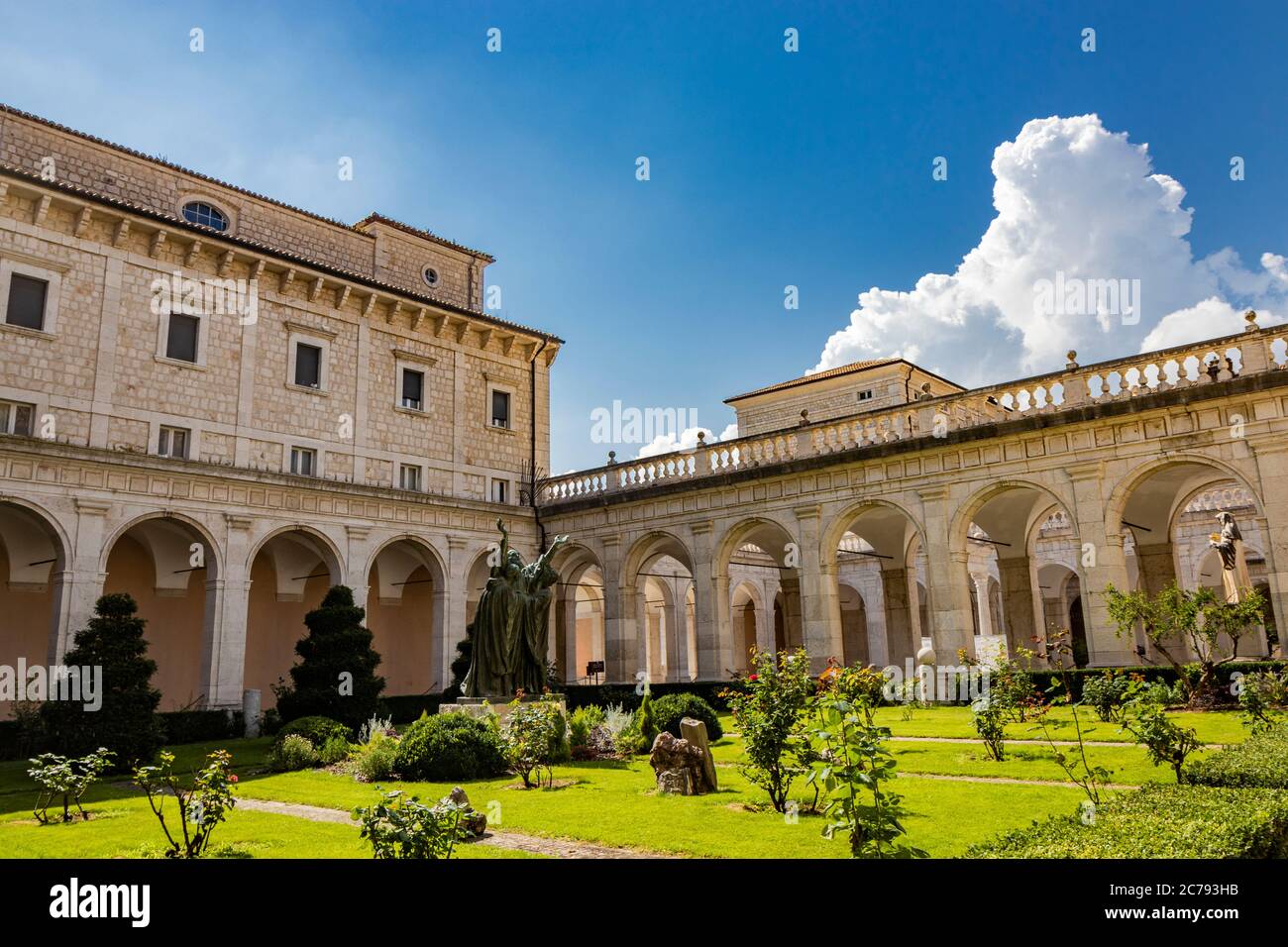July 3, 2020 - Montecassino Abbey, Cassino, Italy - Benedictine monastery located on the top of Montecassino is the oldest monastery in Italy. The clo Stock Photo