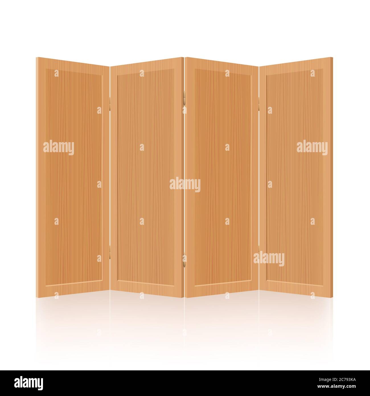 Folding screen, wooden room divider, partition - foldable, mobile, rustic, retro four-part interior furniture - illustration on white background. Stock Photo