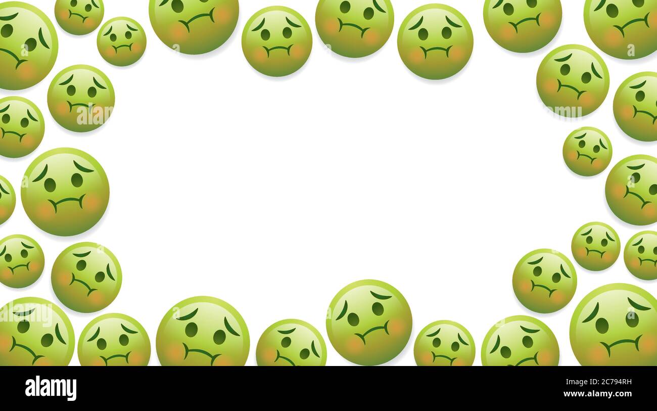 High quality emoticon vector on white background. Nauseated Face emoji. Sick green face with concerned eyes and puffed red cheeks.Emoji wallpaper. Stock Vector