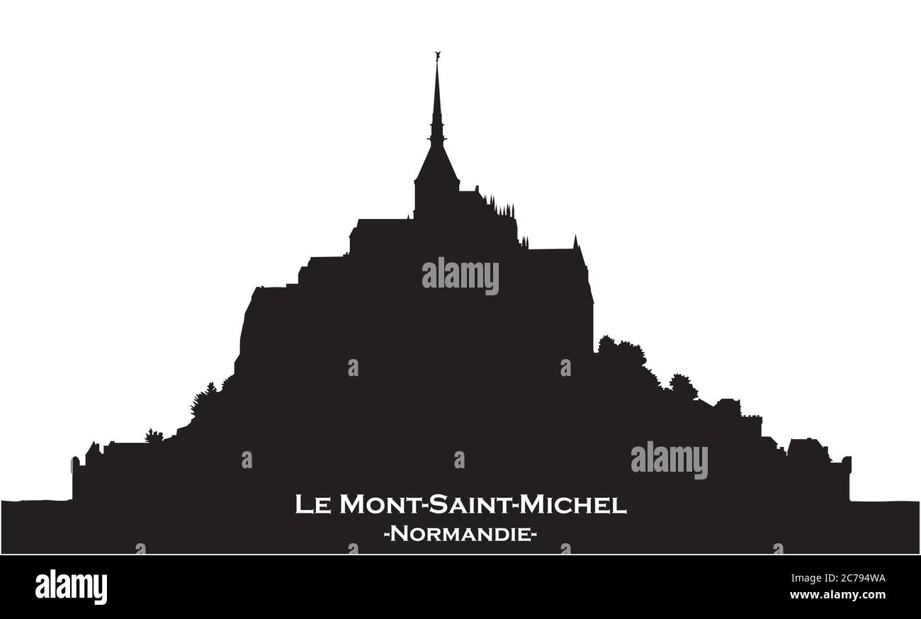 Black skyline silhouette from Mont Saint Michel, France on white background Stock Vector