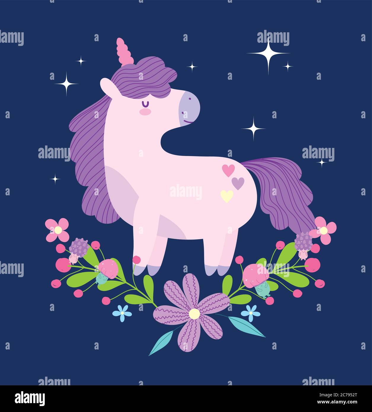 little unicorn flowers fantasy magic animal cartoon dark background ...
