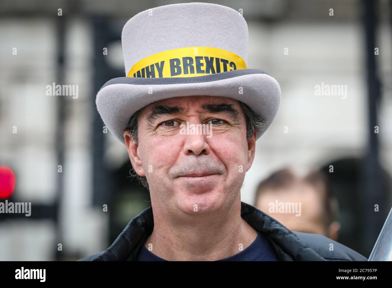 Westminster, London, UK. 15th July, 2020. Westminster 'Stop Brexit Man' Steven Bray. Pro European Anti Brexit protesters and campaigners around Steve (Steven) Bay hold their weekly protest outside the gates at the Houses of Parliament and in Parliament Square, Westminster as MP's hold PMQs inside the House of Commons. Credit: Imageplotter/Alamy Live News Stock Photo