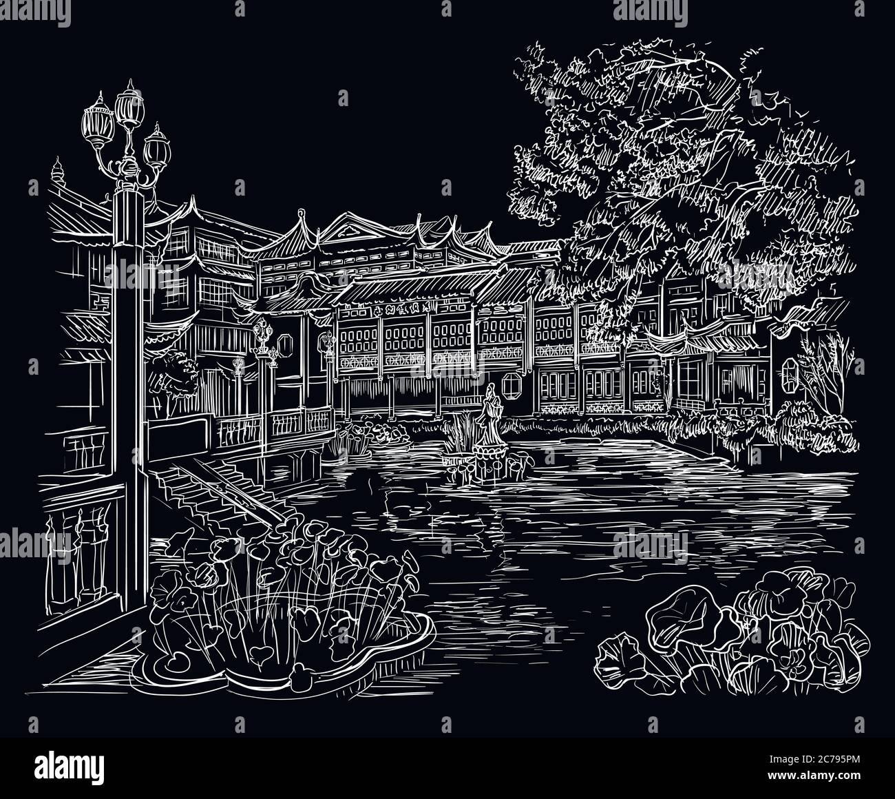 Yuyuan Garden (Garden of Happiness), Old City of Shanghai, landmark of China. Hand drawn vector sketch illustration in white color isolated on black b Stock Vector