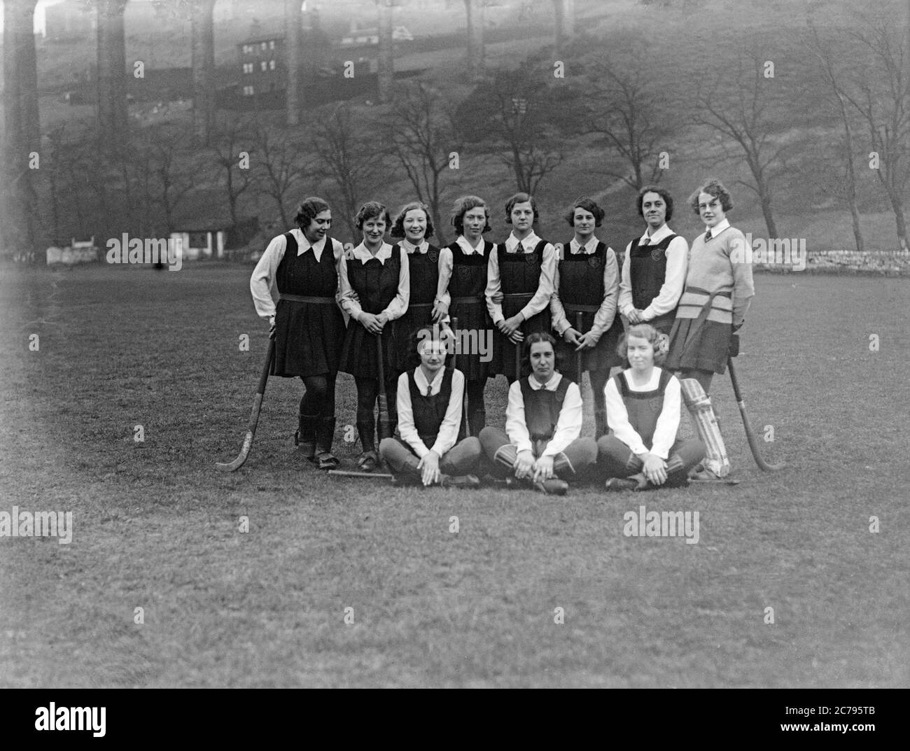 Vintage photograph taken in 1931 showing the Huddersfield Ladies Hockey Team in England. Stock Photo