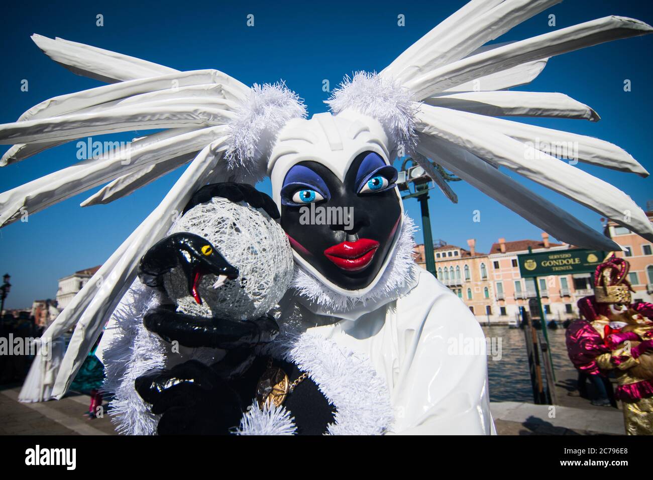 A  white masks with plumes and a snake during Venice Carnival Stock Photo
