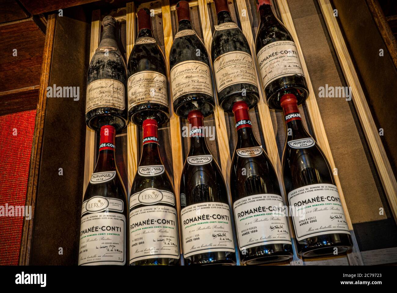 Romanée-Conti fine rare valuable Burgundy bottles dated from 1919 to 2002 laid down in a private cellar collection Vosne Romanée  Beaune Burgundy France Stock Photo
