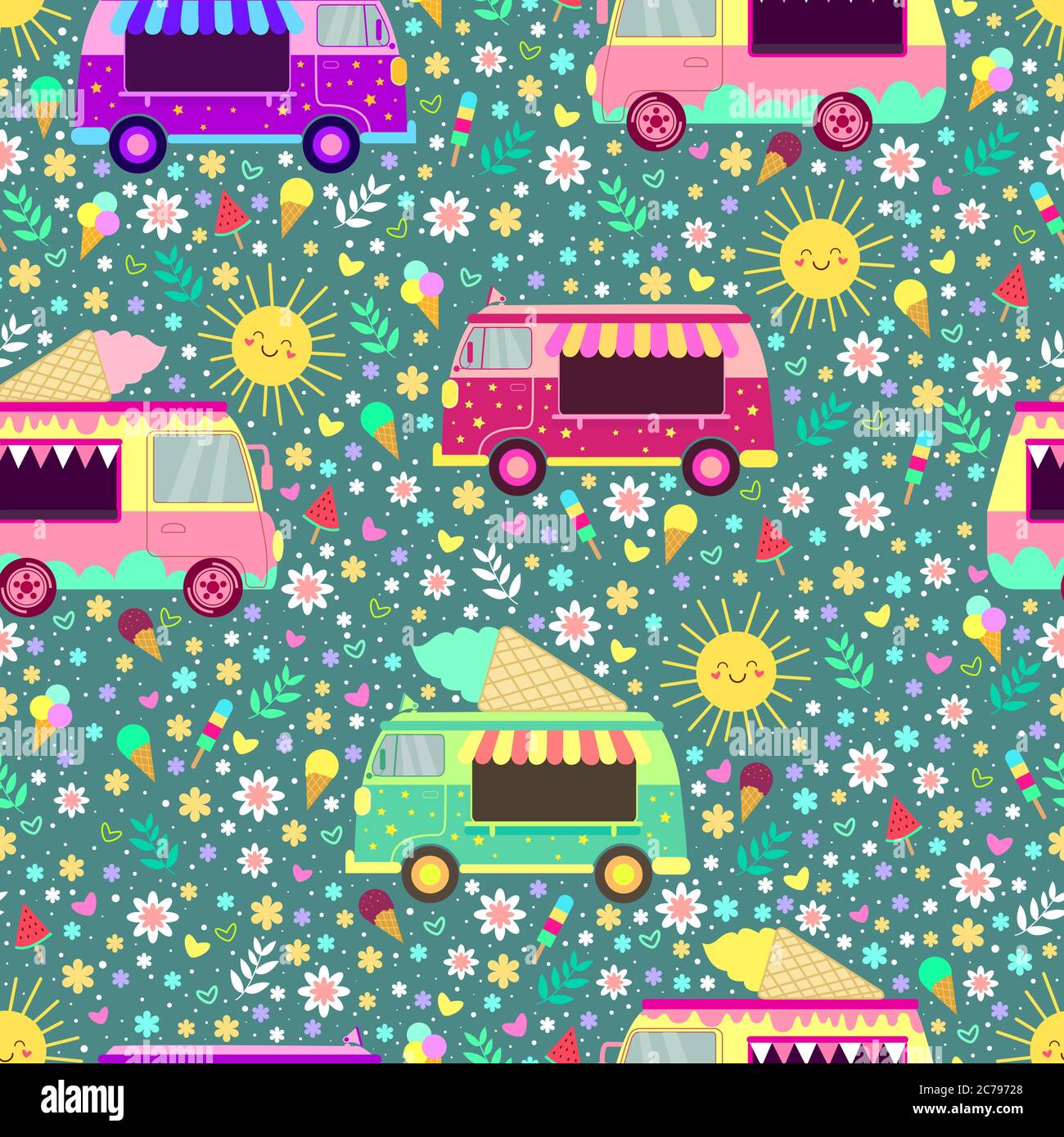 Cartoon Ice Cream Trucks Seamless Pattern With Cute Smiling Suns Flowers Hearts And Ice Cream Stock Vector Image Art Alamy