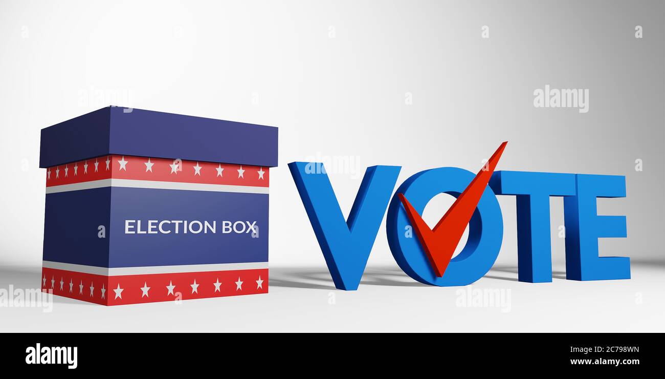 election box with America flag pattern and blue text vote with red check correct sign isolated on white background, 3d. US presidential election Stock Photo
