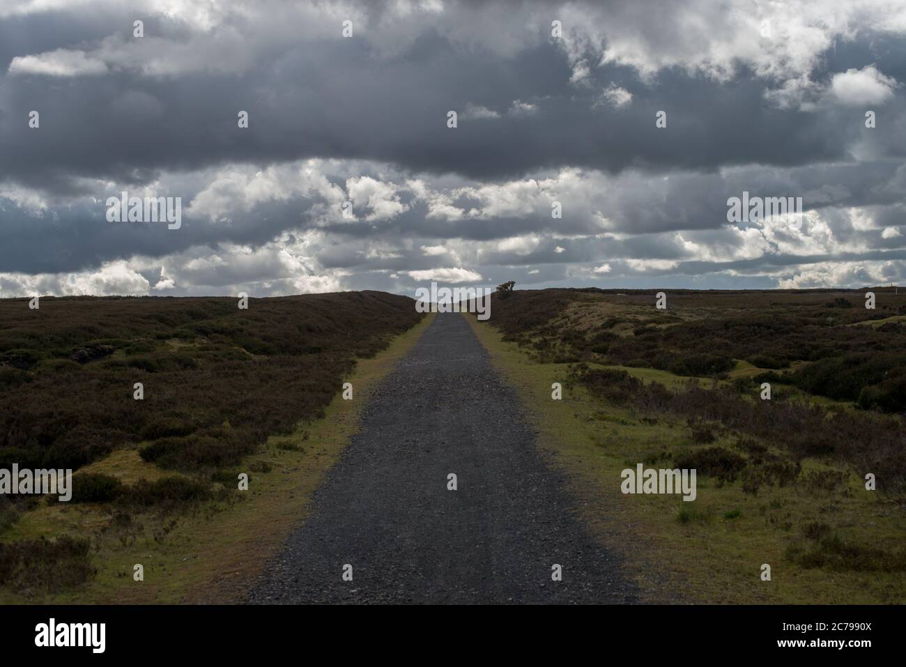 Lone cyclist in the far distance riding towards the viewer along a moorland path with dramatic clouds overhead Stock Photo