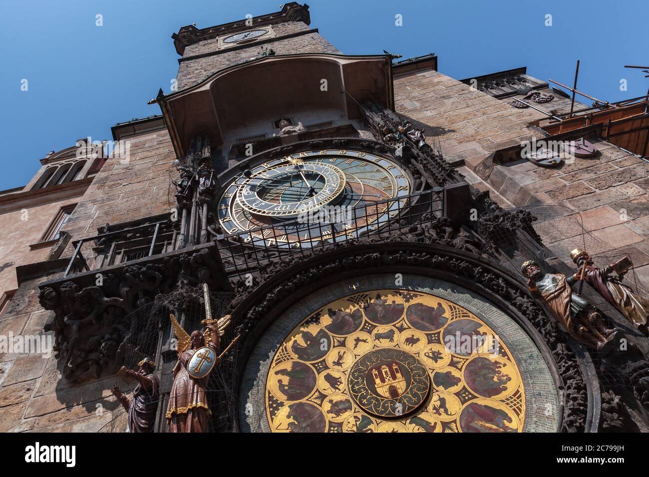 The Prague Astronomical Clock, or Prague Orloj, close-up view. It is a medieval astronomical clock located in Prague, the capital of the Czech Republi Stock Photo