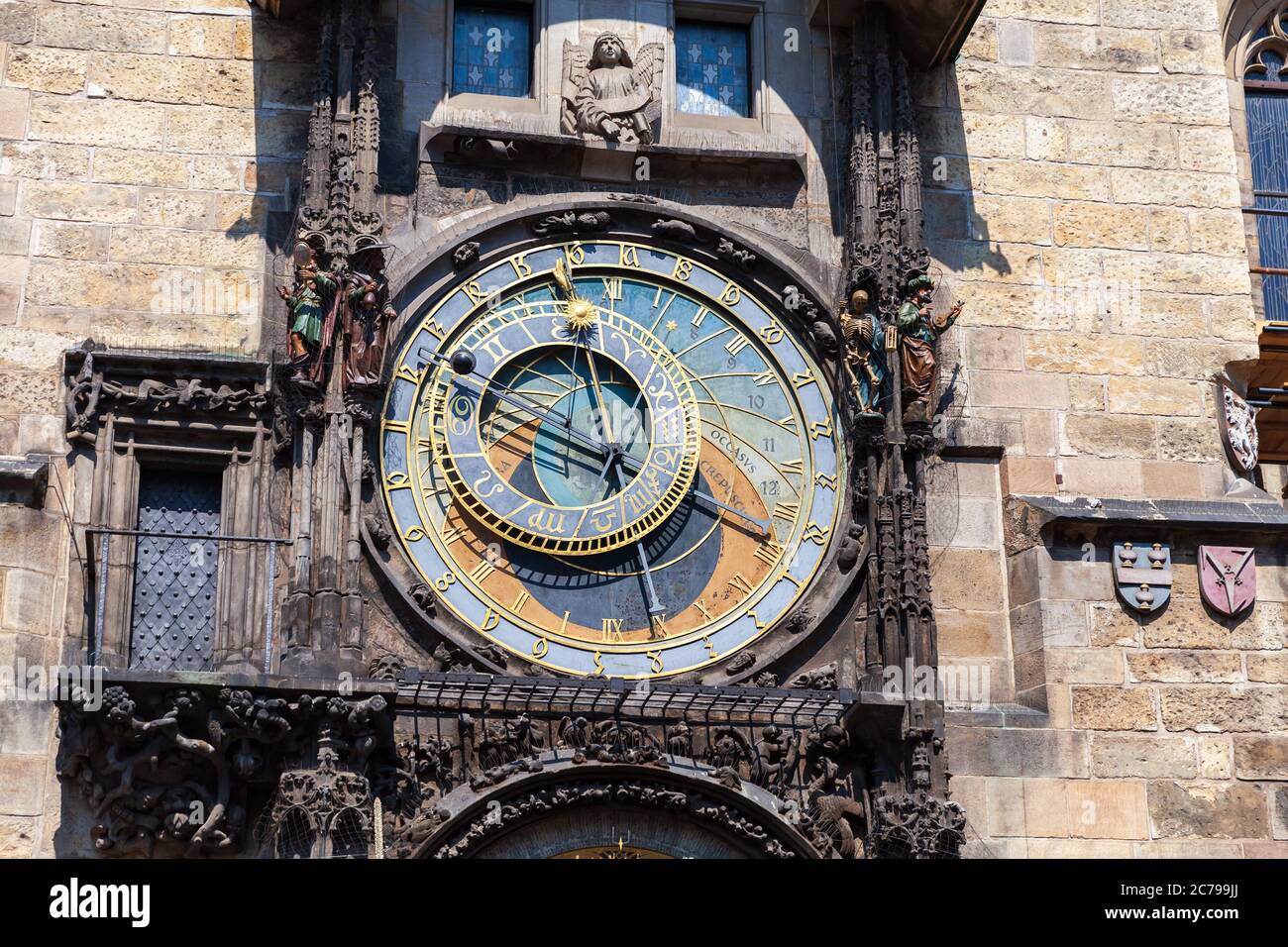 The Prague Astronomical Clock, or Prague Orloj. It is a medieval astronomical clock located in Prague, the capital of the Czech Republic Stock Photo
