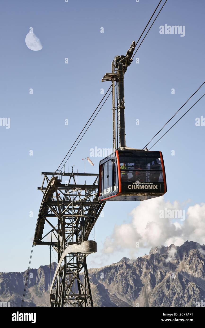 Aiguille du Midi Cable Car. Aerial tramway from Chamonix to the summit of Aiguille du Midi in the Mont Blanc Massif of the French Alps. Stock Photo