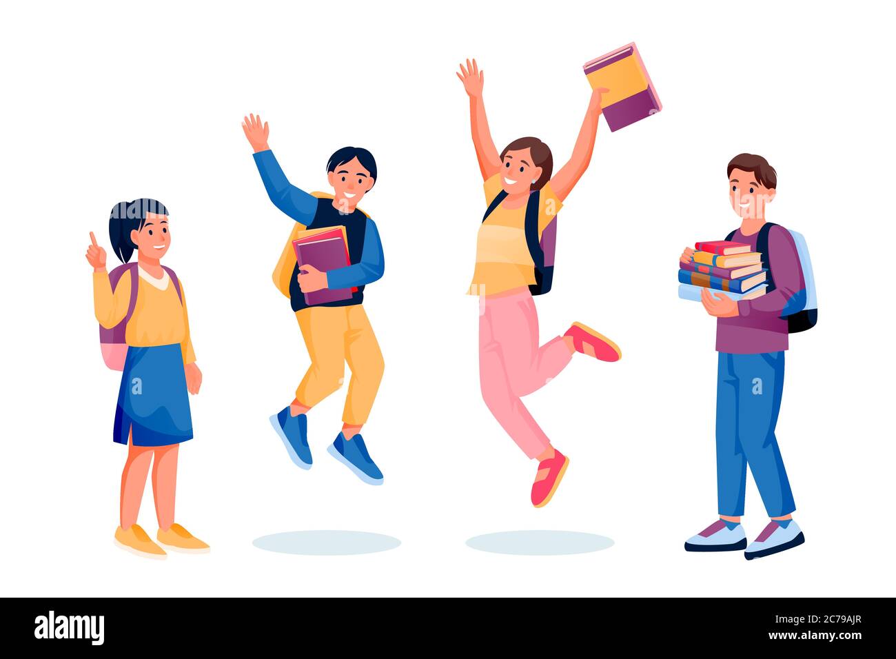 Jumping and dancing happy kids with books and backpacks. Back to school and education design elements, isolated on white background. Vector flat carto Stock Vector