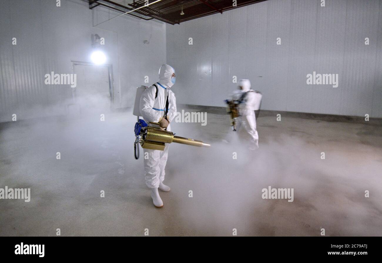 Beijing, China. 14th July, 2020. Staff members disinfect the refrigerated warehouse of meat at the Beijing Ershang Meat Food Group Co., Ltd. in Beijing, capital of China, July 14, 2020. Beijing Ershang Meat Food Group Co., Ltd. is one of the major companies to supply meat for Beijing market. During the COVID-19 pandemic, the company has taken strict COVID-19 prevention and control measures along the whole supply chain, as a way to ensure meat products safety and regular operation of its processing factories to meet the market demand. Credit: Li Xin/Xinhua/Alamy Live News Stock Photo