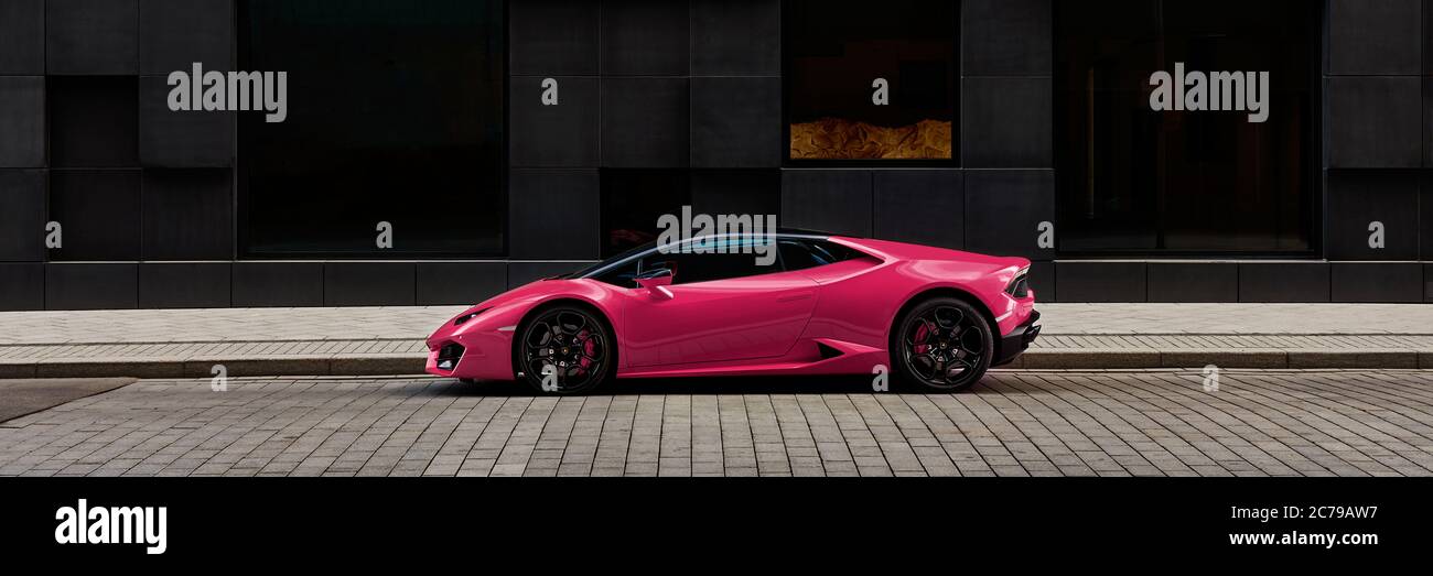 Oslo / Norway, 06.03.2016: Pink Lamborghini Huracan in front of office building on Wismargata street Stock Photo