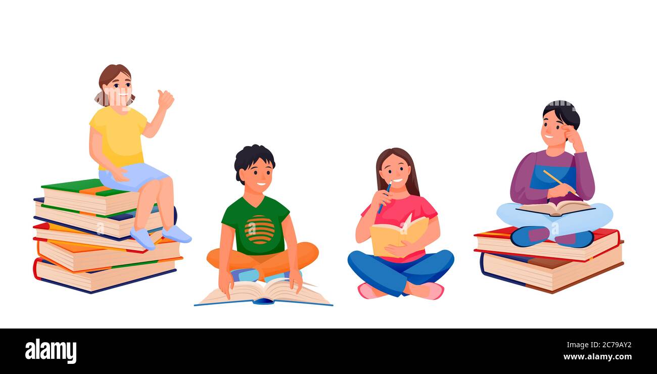 Kids reading books and sitting on book stacks. Back to school and education design elements, isolated on white background. Learning preschool boys and Stock Vector