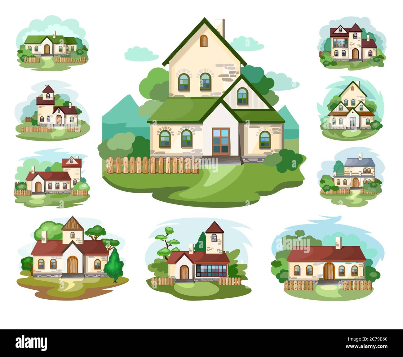 The house is fabulous, cartoon. Set. Village cottage. House in the forest. Holiday. Cottage, cottage. A cozy house. Two-storey house with an attic. Stock Vector