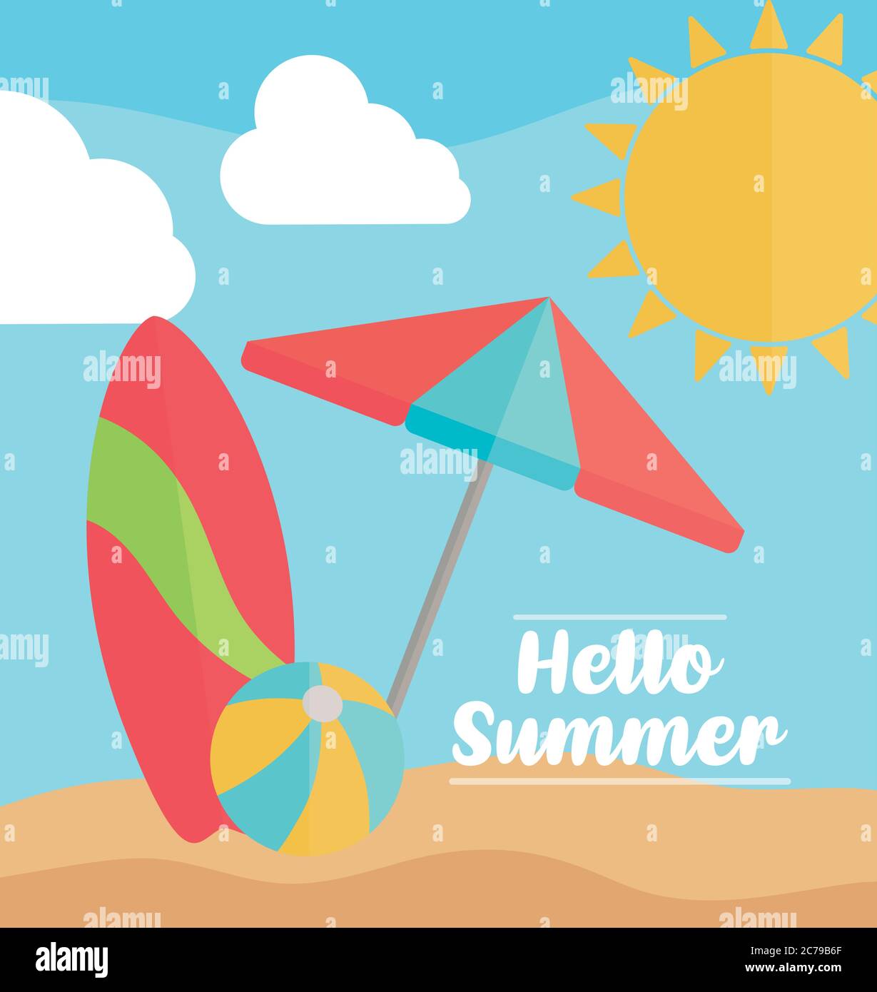Hello Summer with colorful beach elements vector illustration design Stock Vector