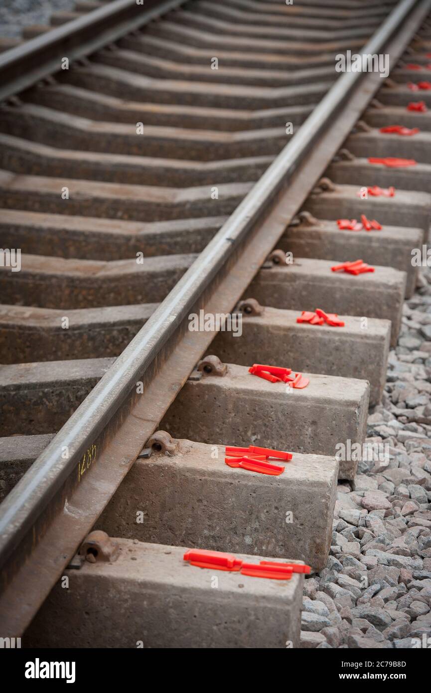 Close up of track and concrete sleepers on a section of railway in England, UK. Stock Photo