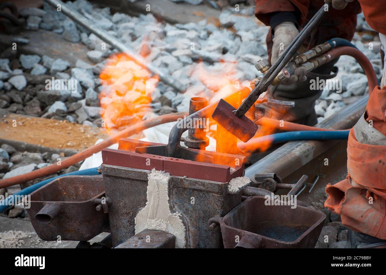 Thermit welding on rail track in the UK Stock Photo Alamy