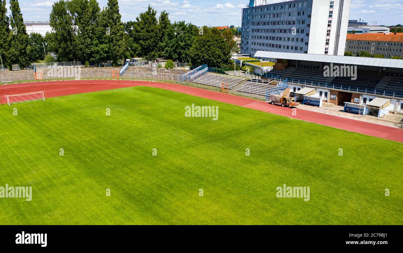 Brandenburg An Der Havel, Germany. 13th July, 2020. View of the stadium at Quenz (also known as Stahlstadion), home ground of BSV Stahl Brandenburg. (shot with a drone) Credit: Paul Zinken/dpa-Zentralbild/ZB/dpa/Alamy Live News Stock Photo