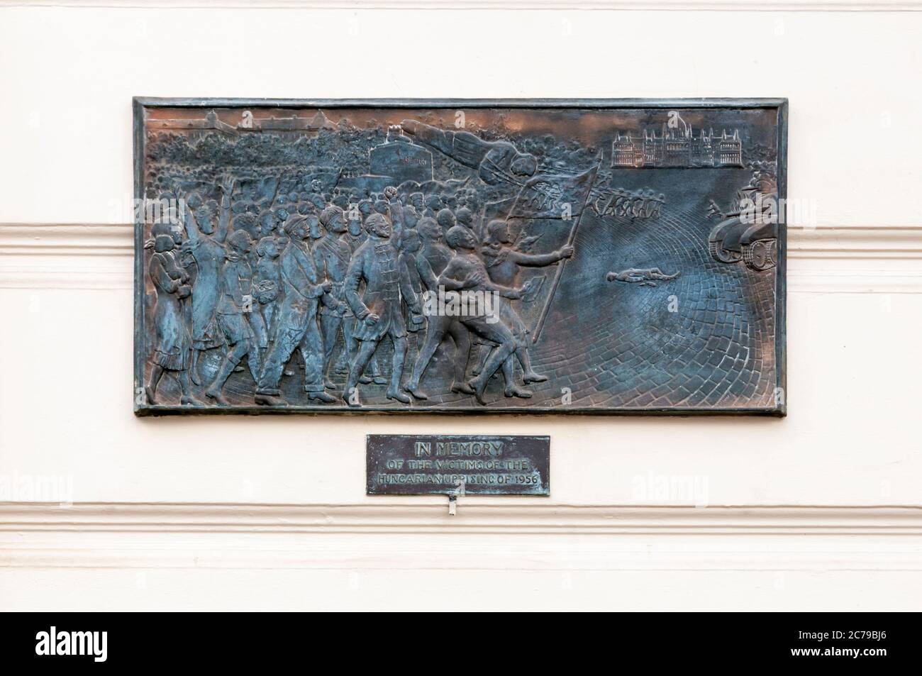 Plaque in memory of the victims of the Hungarian uprising of 1956.  in Exhibition Road, London. Stock Photo