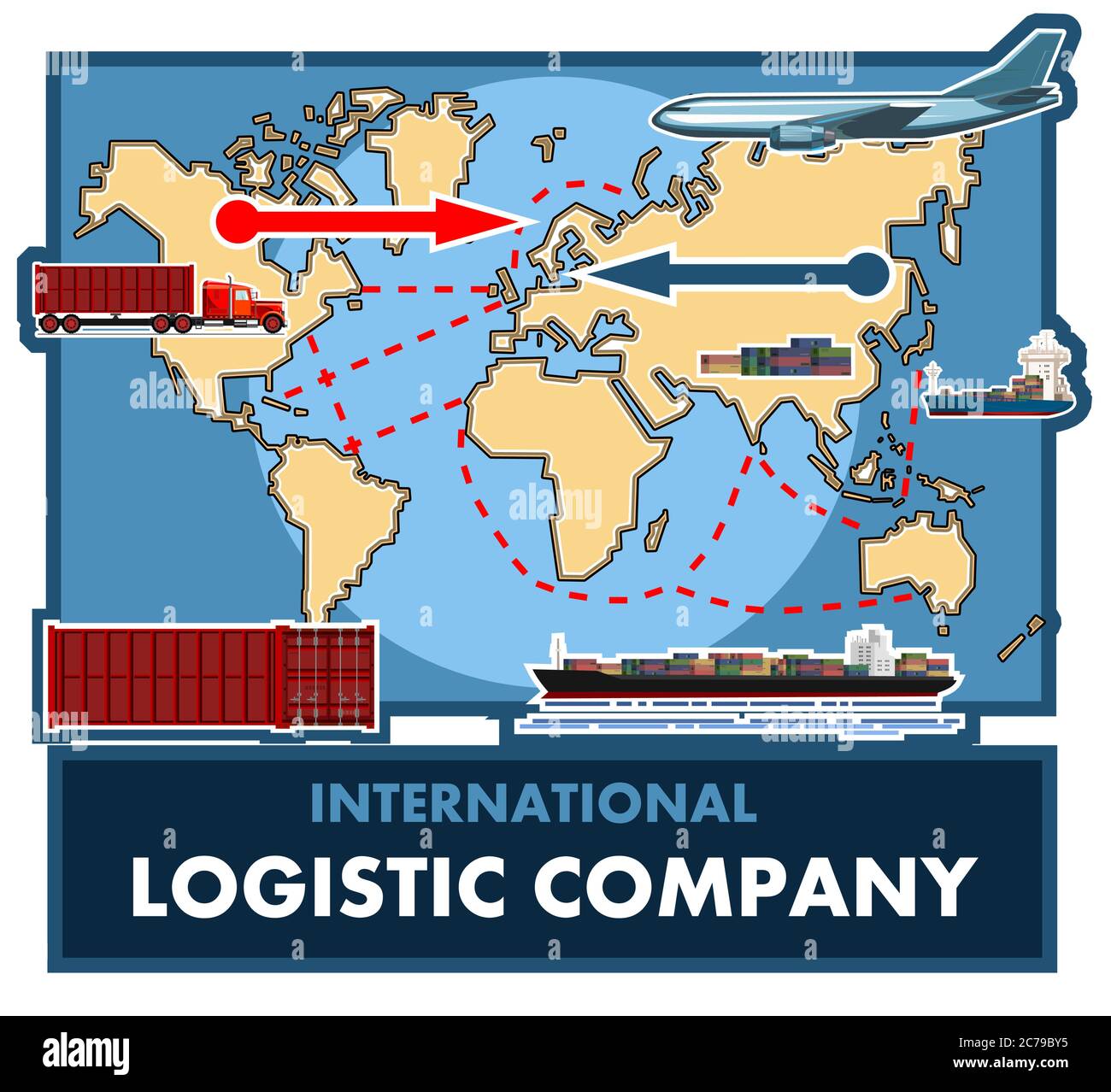 International logistics company. Shipment of goods by various means of transport anywhere in the world. Transcontinental transport: air, land, ocean Stock Vector