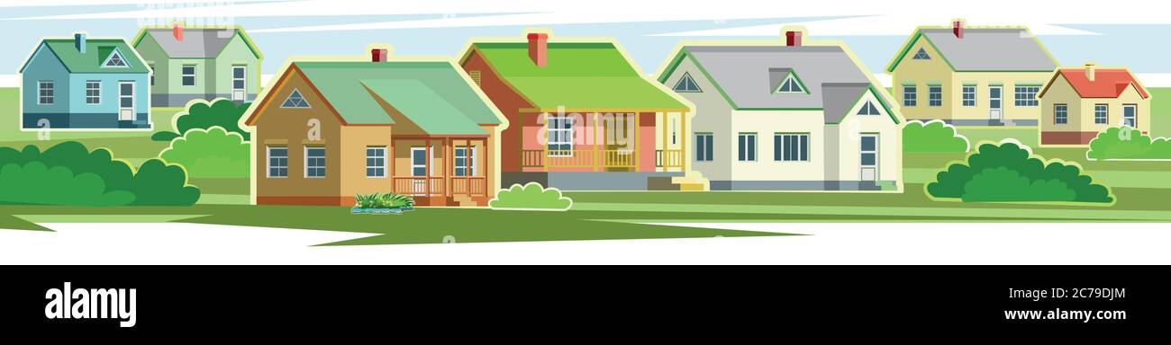 Countryside houses vector landscape. Country side village. Rural homes, street. Flat style. Settlement. Skyline Contemporary scenery. Holiday village Stock Vector