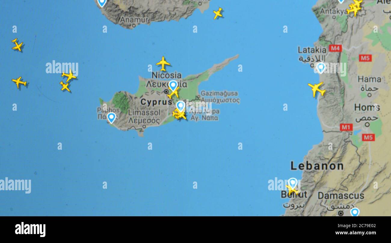air traffic over Lebanon and Cyprus (15 july 2020, UTC 13.22), on Internet with Flightradar 24 site, during the Coronavirus Pandemic period Stock Photo