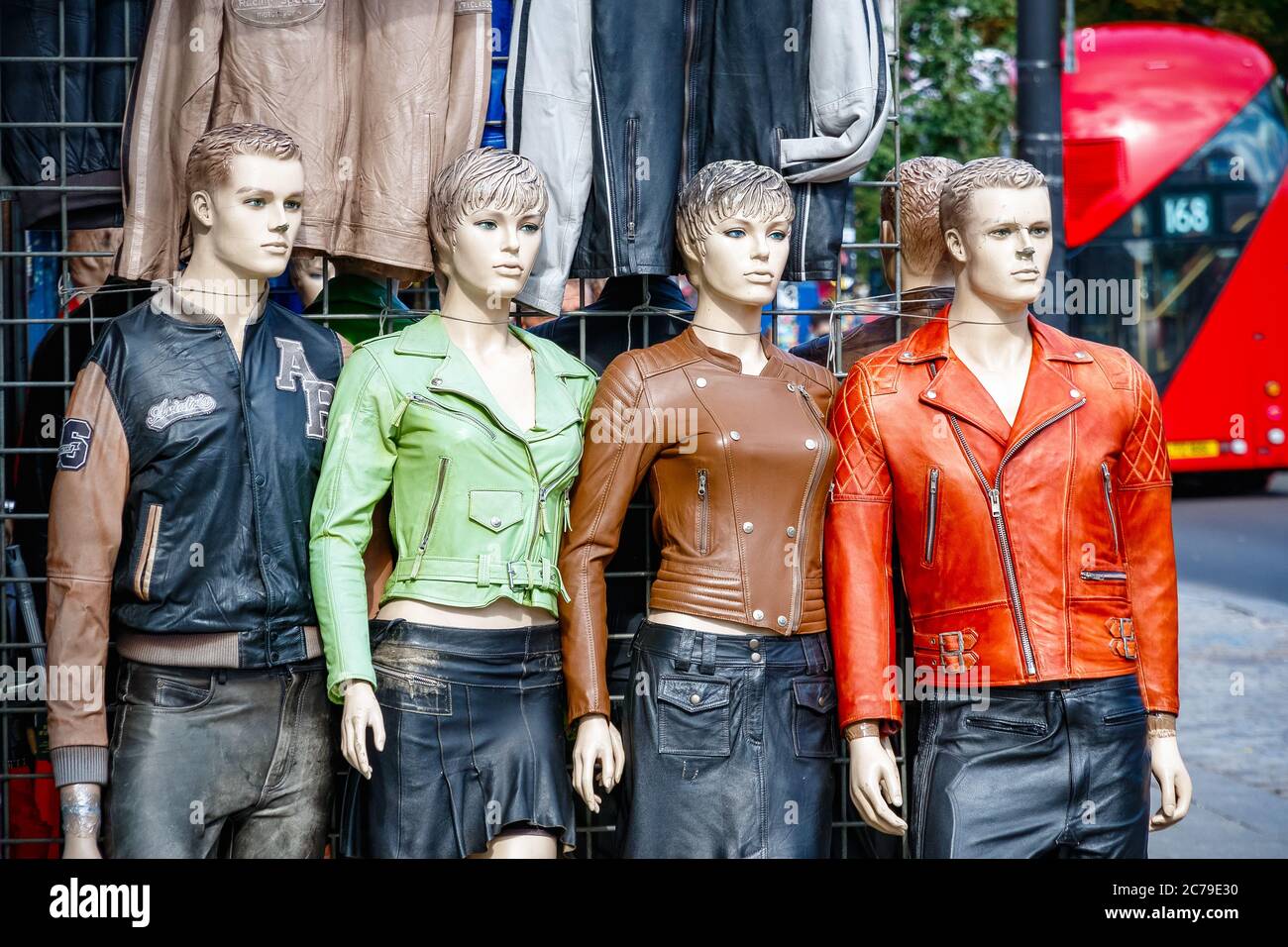 London, UK - 11 March, 2019 - Leather jackets on display at Camden street market Stock Photo
