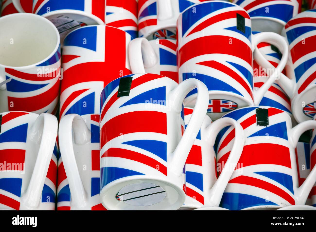 United Kingdom flag souvenir mugs on display at Camden market in London