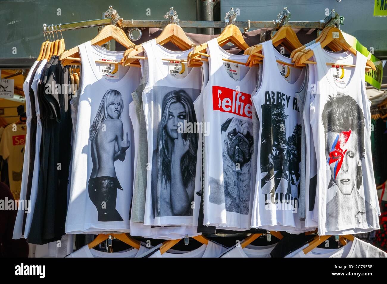 London, UK - 11 March, 2019 - Funky printed t shirts on display at Camden street market Stock Photo