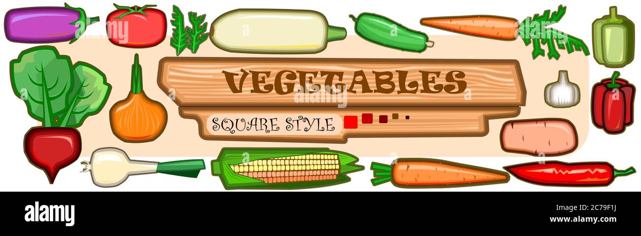 Set of vegetables. Vector. Vegetables in cartoon square style. Fruits of ordinary garden plants: eggplant, tomato, pepper, onion, garlic, cucumber, po Stock Vector