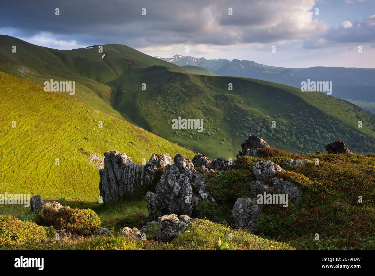 View to the Puy Sancy Mountain in the Central Massif Monts dore in the heart of the Auvergne, France. Evening Light. Stock Photo