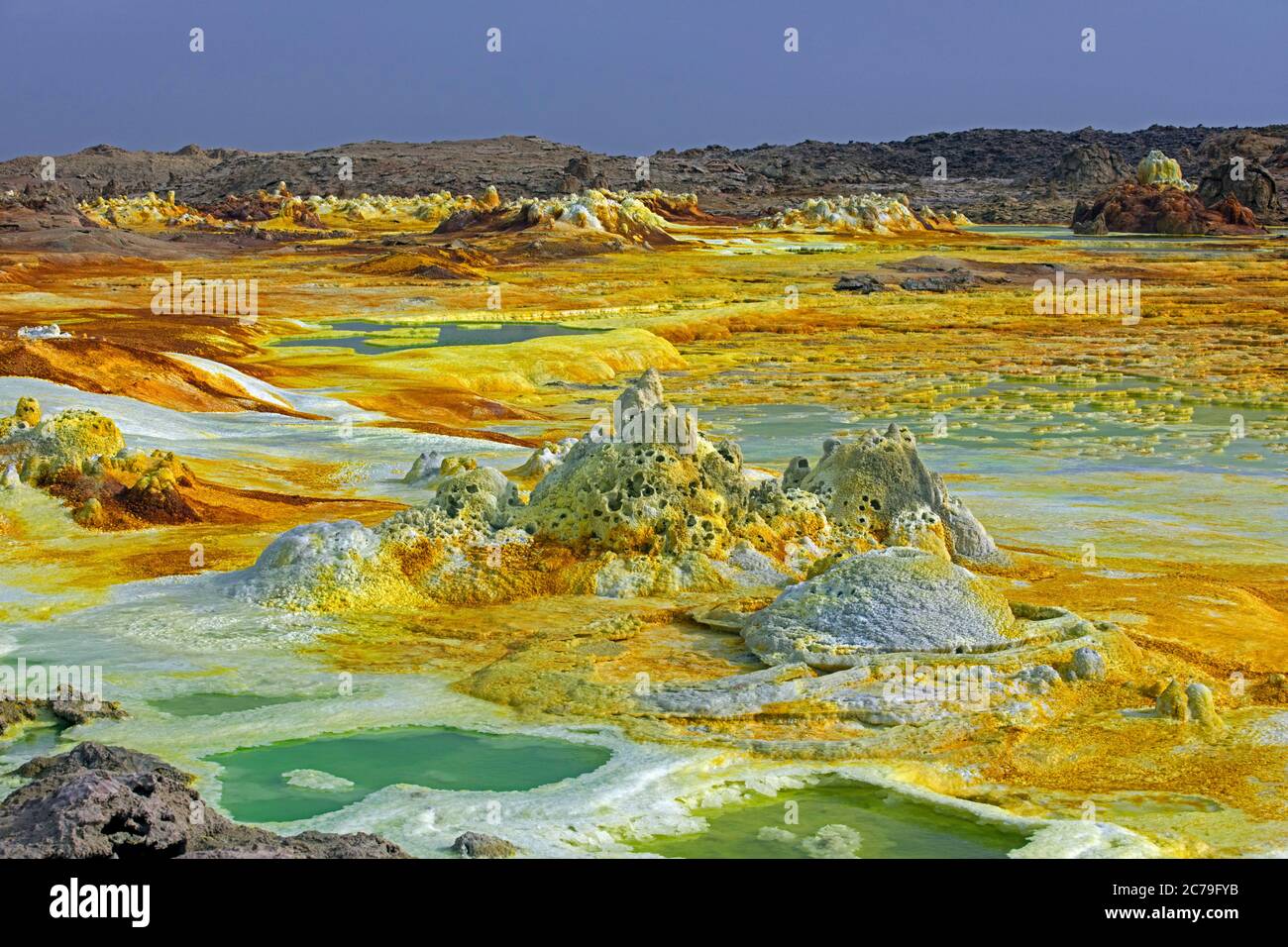 Dallol sulfur springs / hot springs in the Danakil Depression discharge brine and acidic liquid in green acid ponds, Afar Region, Ethiopia, Africa Stock Photo