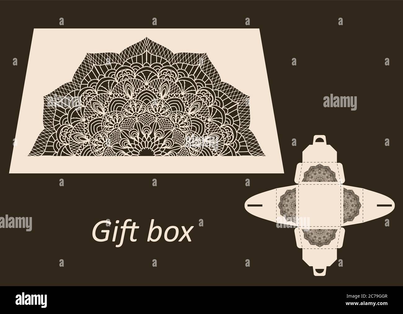 Openwork gift paper box with a handle.Greeting packaging with lace pattern. Presents packing, Pattern suitable for laser cutting, plotter cutting. Stock Vector