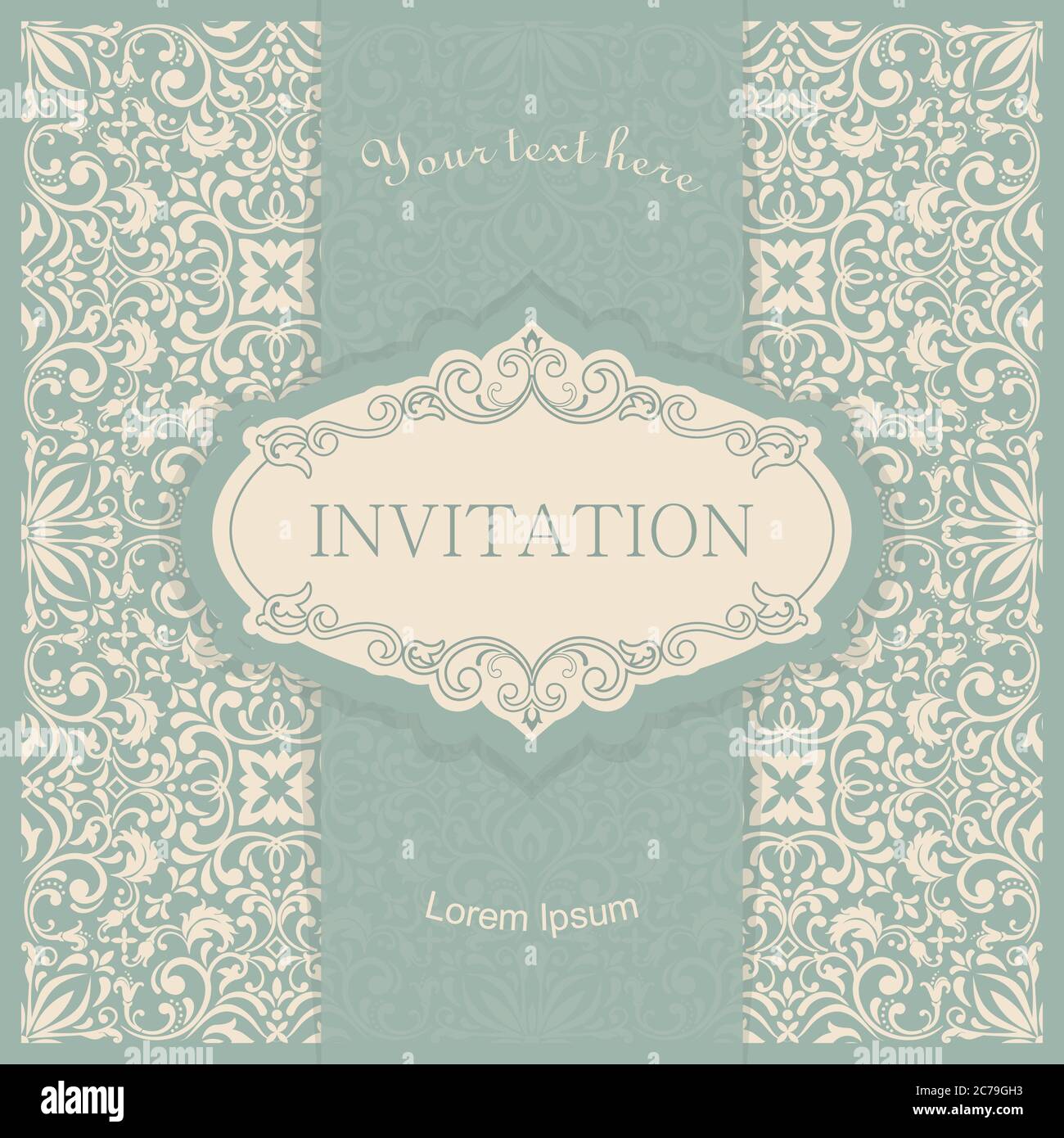 Vintage elegant template with ornamental pattern and decorative frame. Design for wedding invitation, greeting card with damask elements Stock Vector