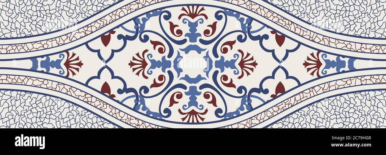 Majolica pottery tile, blue, brown and gray azulejo, original traditional Portuguese and Spain decor. Seamless border with Victorian motives. Vector. Stock Vector