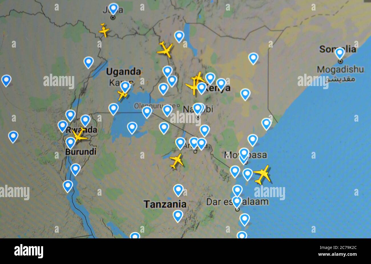 air traffic over Burundi, Rwanda, Uganda, Keynia, Somalia and Tanzania (15 july 2020),  on Internet with Flightradar 24 site, during the Coronavirus Stock Photo