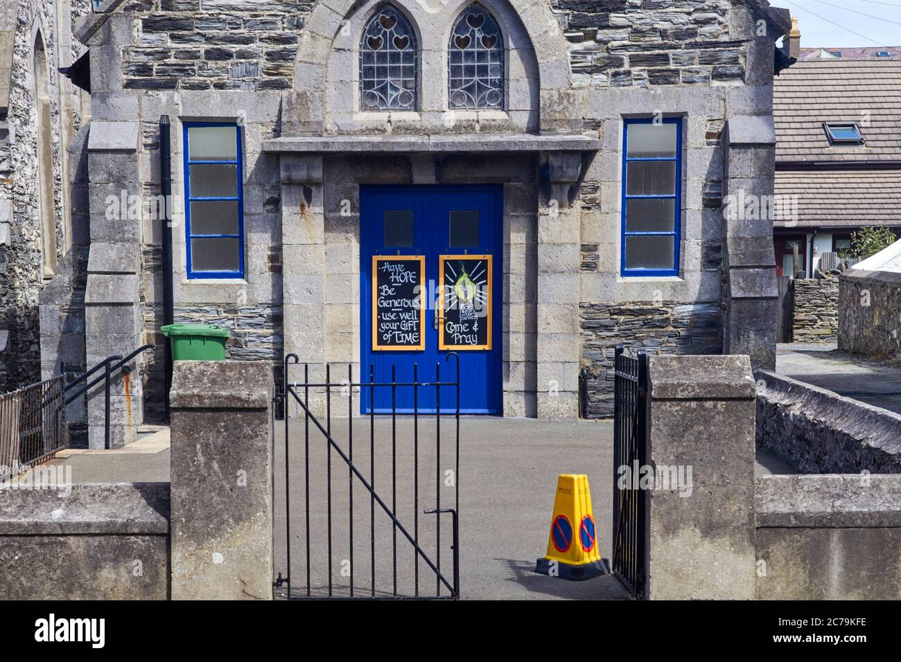 Chalk written blackboards outside St Catherine’s church hall in Port Erin, Isle of Man Stock Photo